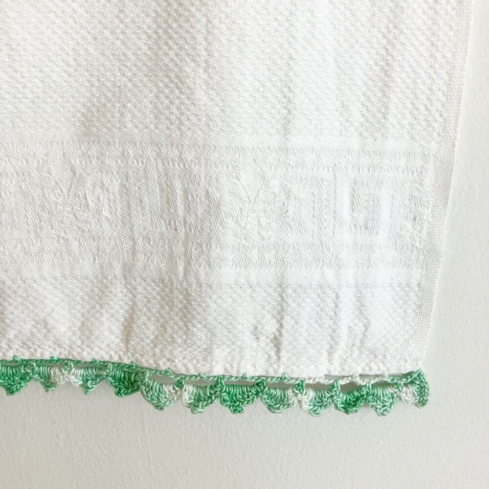Vintage Cannon Cotton Towel Crochet Edge Trim White Green Butterfly Pattern